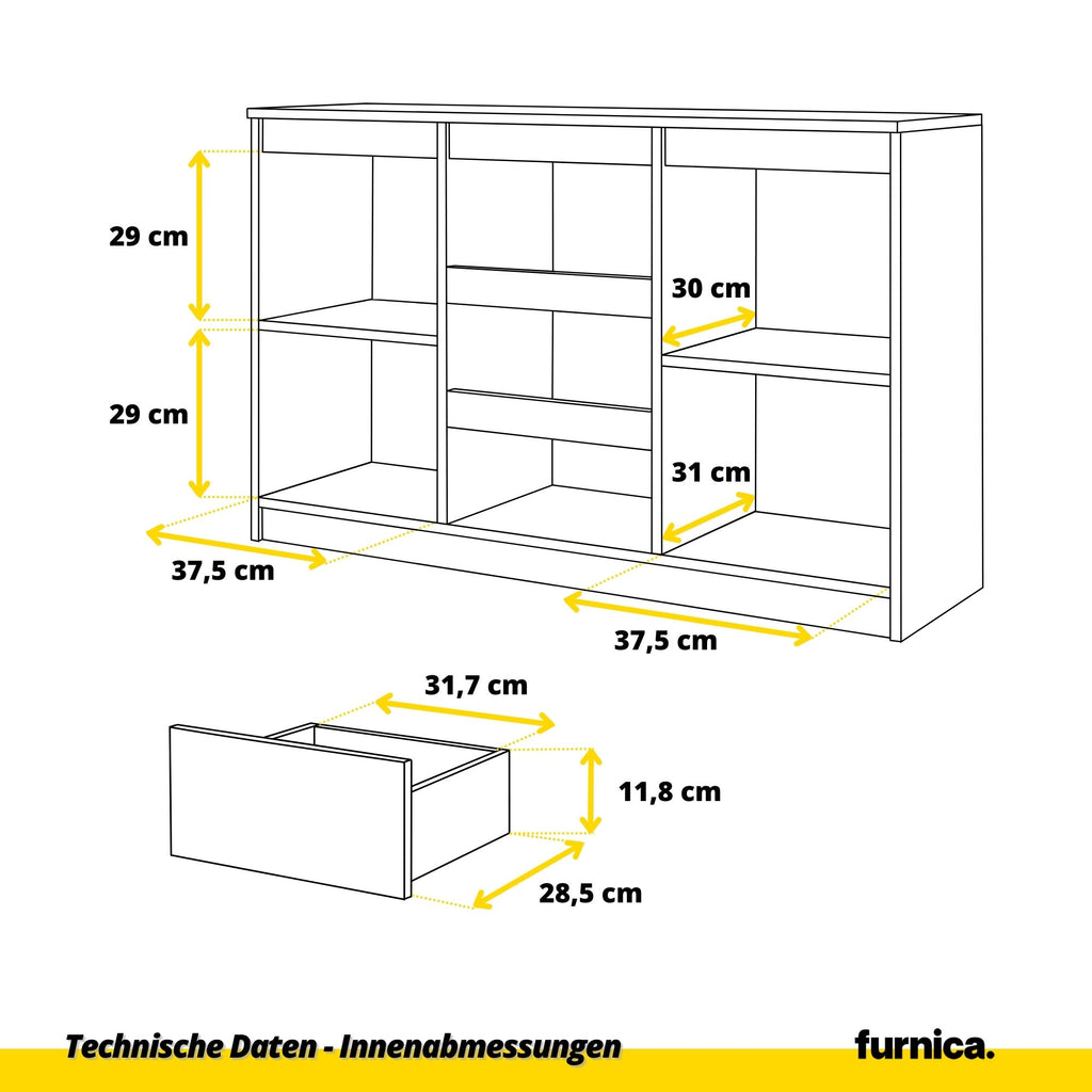 2 Kommode und Furnica Türen / Sonoma Schubladen Schwarz mit Gloss Sideboard 3 T35cm H75cm - / Eiche - B120cm MIKEL -
