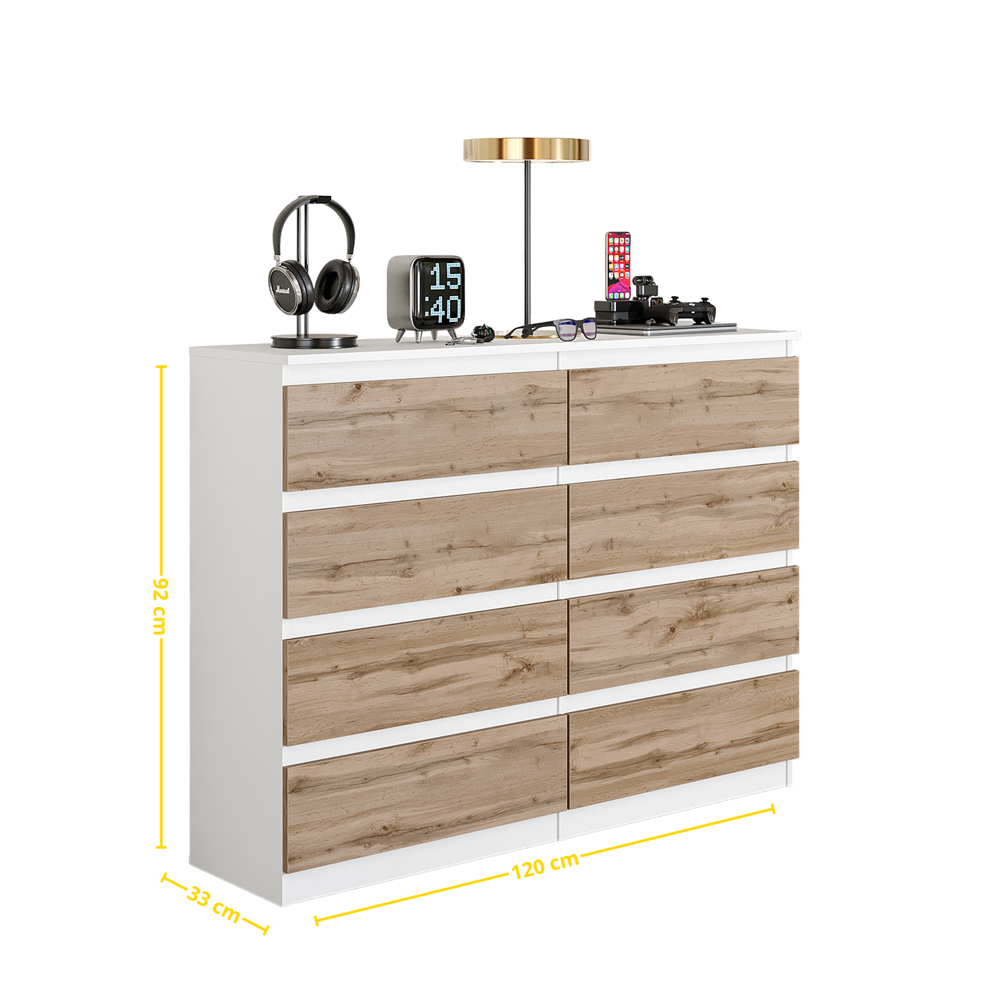 GABRIEL - Kommode / Sideboard mit 8 Schubladen - Weiß Matt / Wotan Eiche H92cm B120cm T33cm