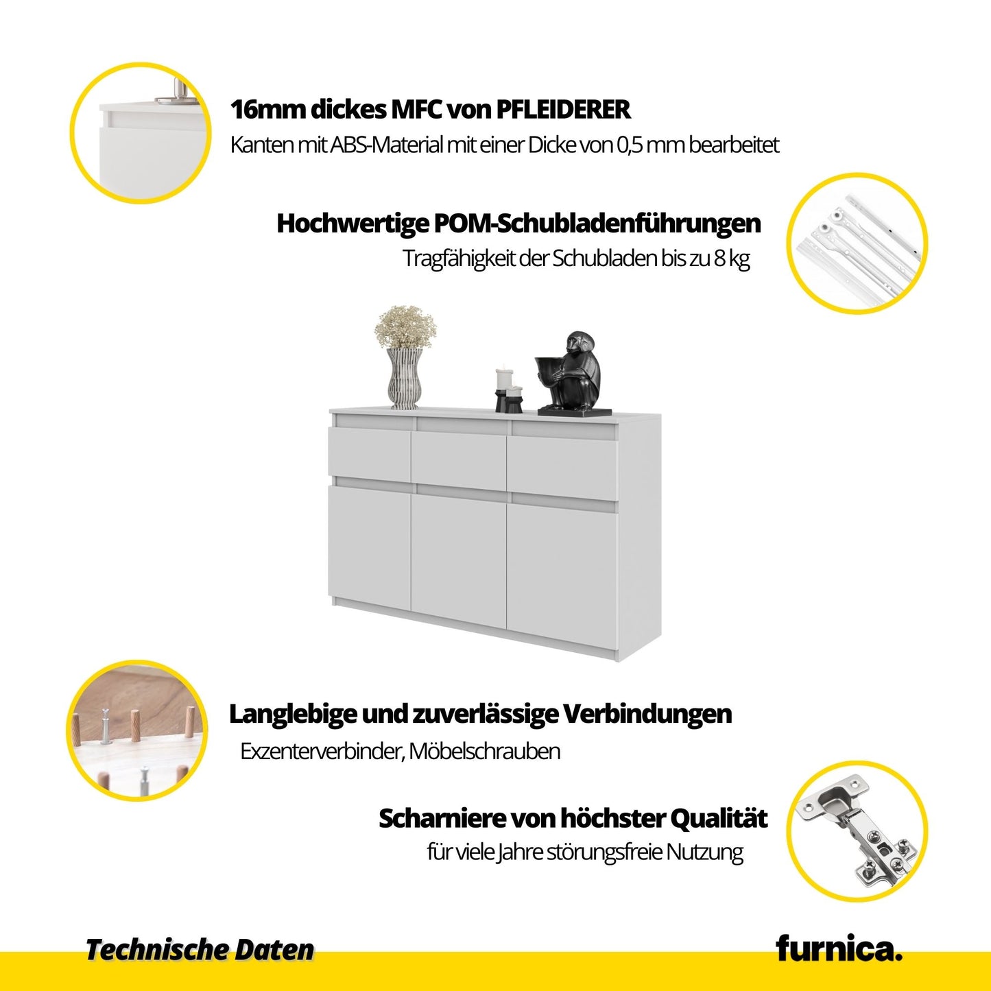 NOAH - Kommode / Sideboard mit 3 Schubladen und 3 Türen - Anthrazit Grau / Weiß Gloss H75cm B120cm T35cm