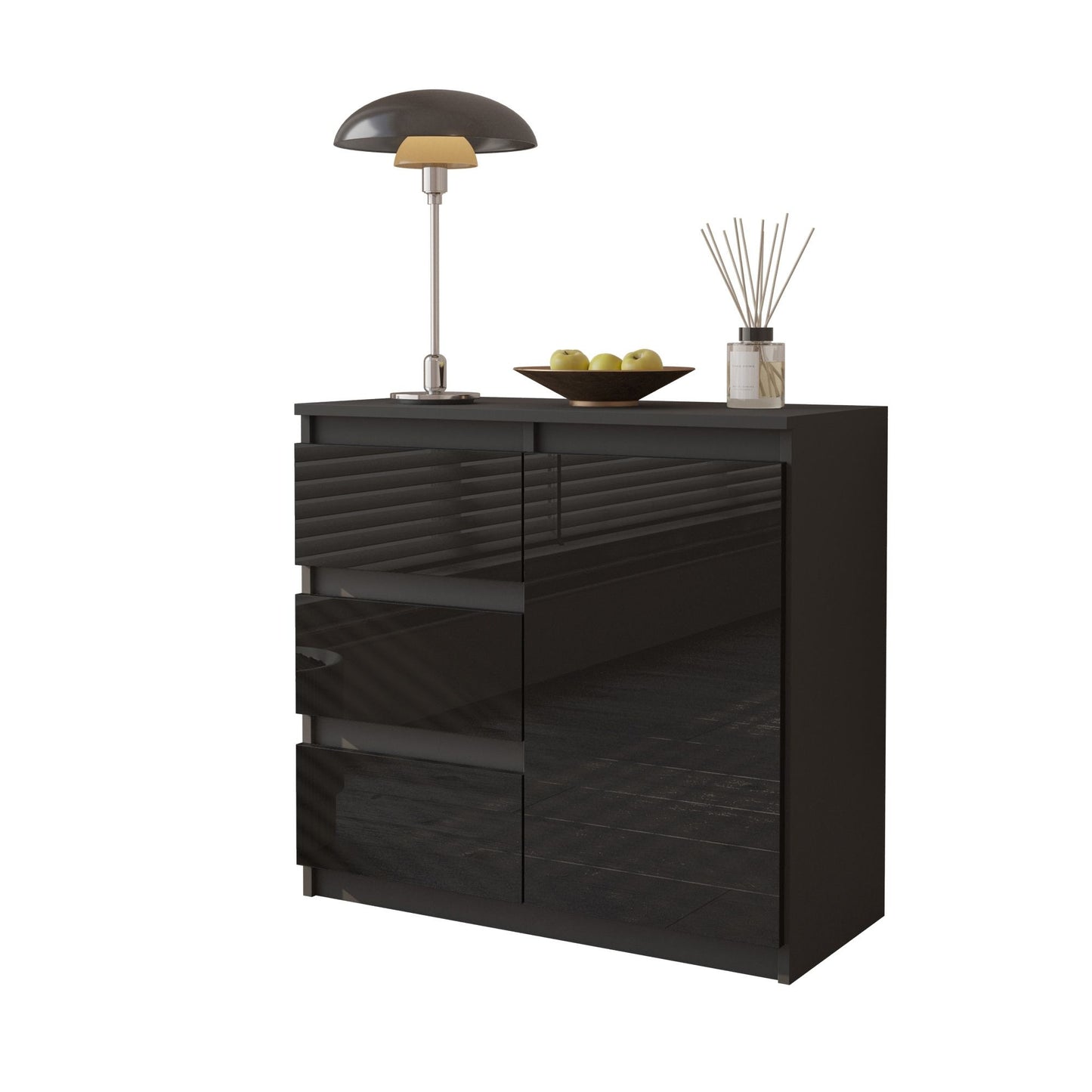 MIKEL - Kommode / Sideboard mit 3 Schubladen und 1 Tür - Anthrazit / Schwarz Gloss H75cm B80cm T35cm
