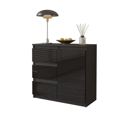 MIKEL - Kommode / Sideboard mit 3 Schubladen und 1 Tür - Anthrazit / Schwarz Gloss H75cm B80cm T35cm