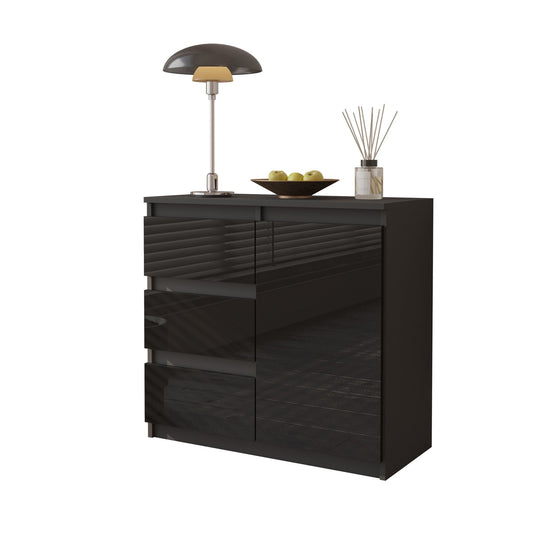 MIKEL - Kommode / Sideboard mit 3 Schubladen und 1 Tür - Anthrazit / Schwarz Gloss H75cm B80cm T35cm