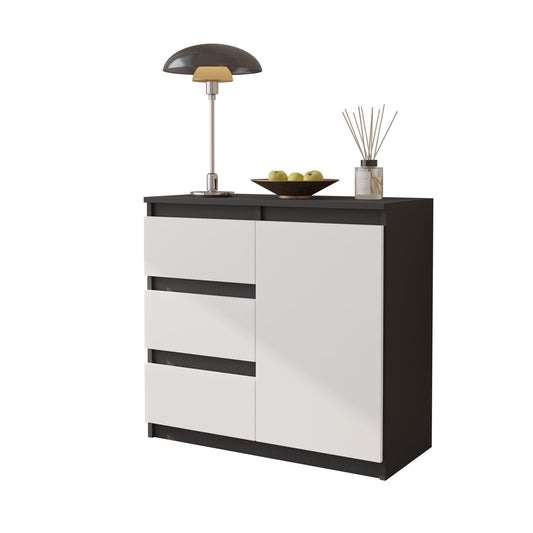 MIKEL - Kommode / Sideboard mit 3 Schubladen und 1 Tür - Anthrazit Grau / Weiß Matt H75cm B80cm T35cm