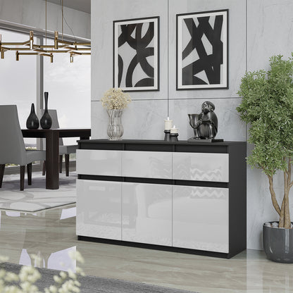 NOAH - Kommode / Sideboard mit 3 Schubladen und 3 Türen - Anthrazit Grau / Weiß Gloss H75cm B120cm T35cm