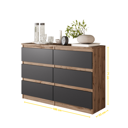 GABRIEL - Kommode / Sideboard mit 6 Schubladen - Wotan Eiche / Anthrazit H71cm B100cm TD33cm