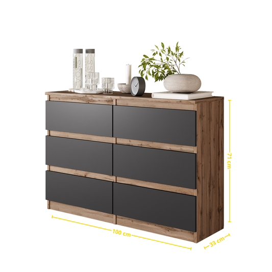 GABRIEL - Kommode / Sideboard mit 6 Schubladen - Wotan Eiche / Anthrazit H71cm B100cm TD33cm