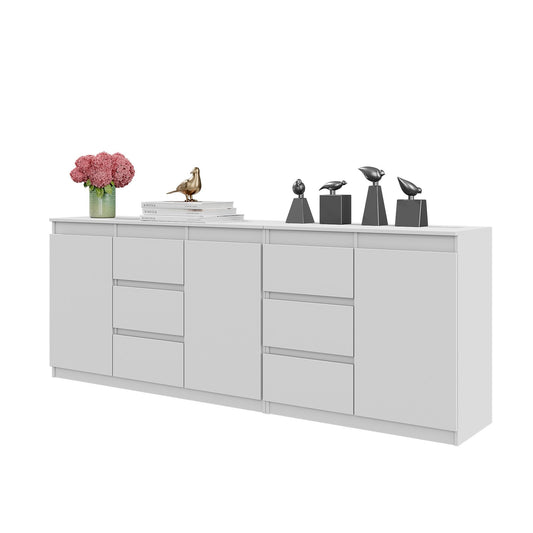MIKEL - Kommode mit 6 Schubladen und 3 Türen - Schlafzimmer Kommode Aufbewahrung Schrank Sideboard - Weiß Matt / Weiß Matt H75cm B200cm T35cm