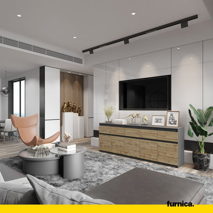 NOAH - Kommode mit 5 Schubladen und 5 Türen - Schlafzimmer Kommode Aufbewahrungsschrank Sideboard - Anthrazit / Wotan Eiche H75cm B200cm T35cm