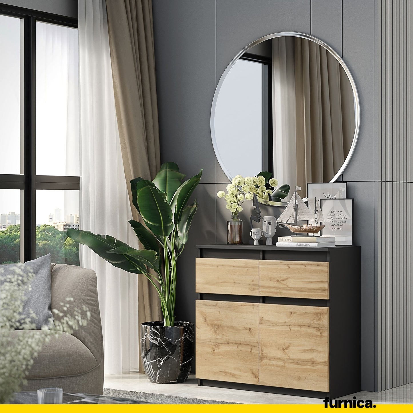 NOAH - Kommode / Sideboard mit 2 Schubladen und 2 Türen - Anthrazit Grau / Wotan Eiche H75cm B80cm T35cm