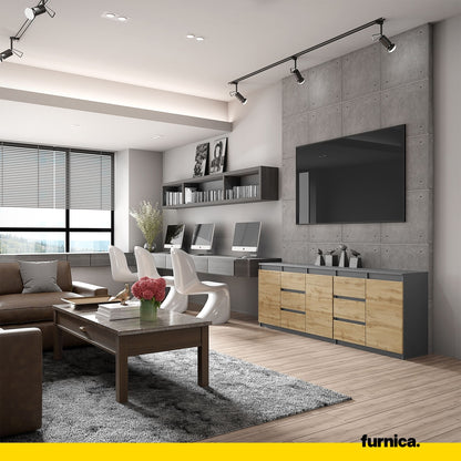 MIKEL - Kommode mit 6 Schubladen und 3 Türen - Schlafzimmer Kommode Aufbewahrungsschrank Sideboard - Anthrazit / Wotan Eiche H75cm B200cm T35cm