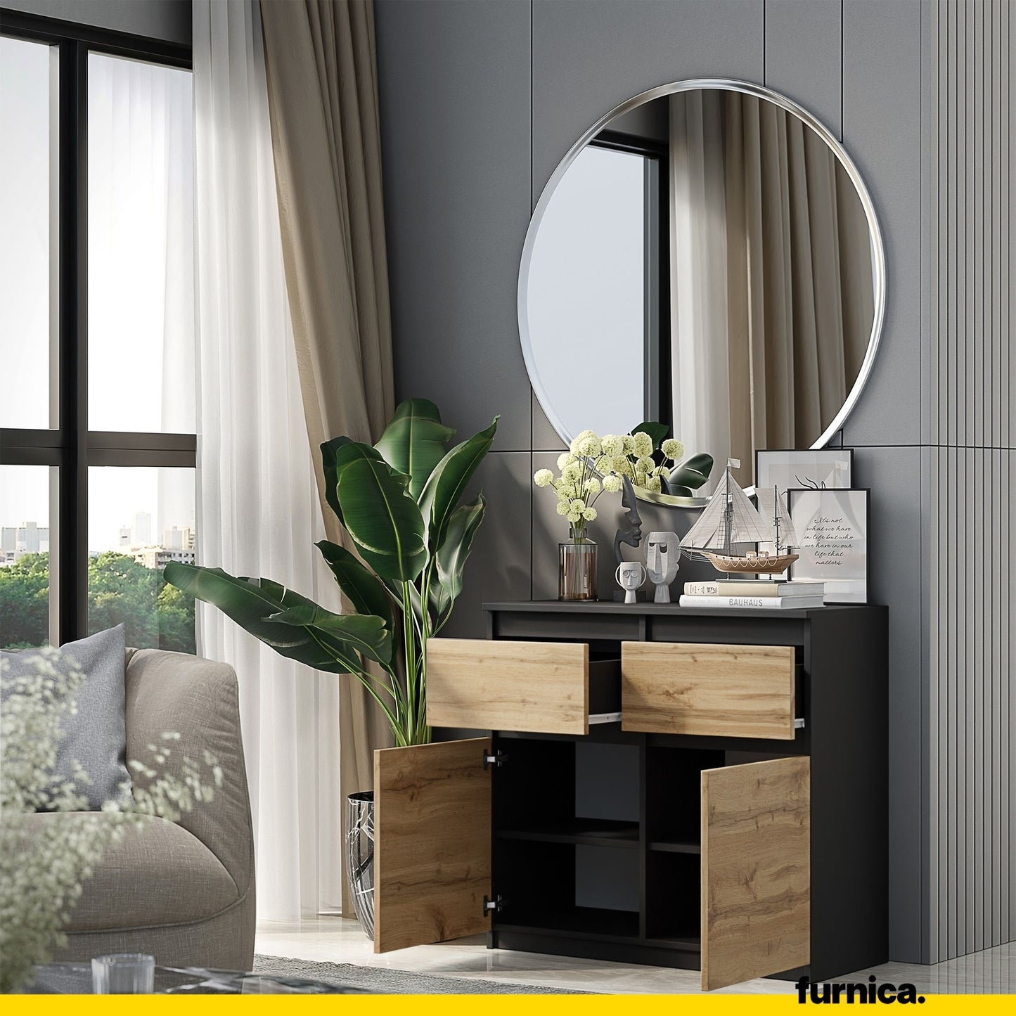 NOAH - Kommode / Sideboard mit 2 Schubladen und 2 Türen - Anthrazit Grau / Wotan Eiche H75cm B80cm T35cm