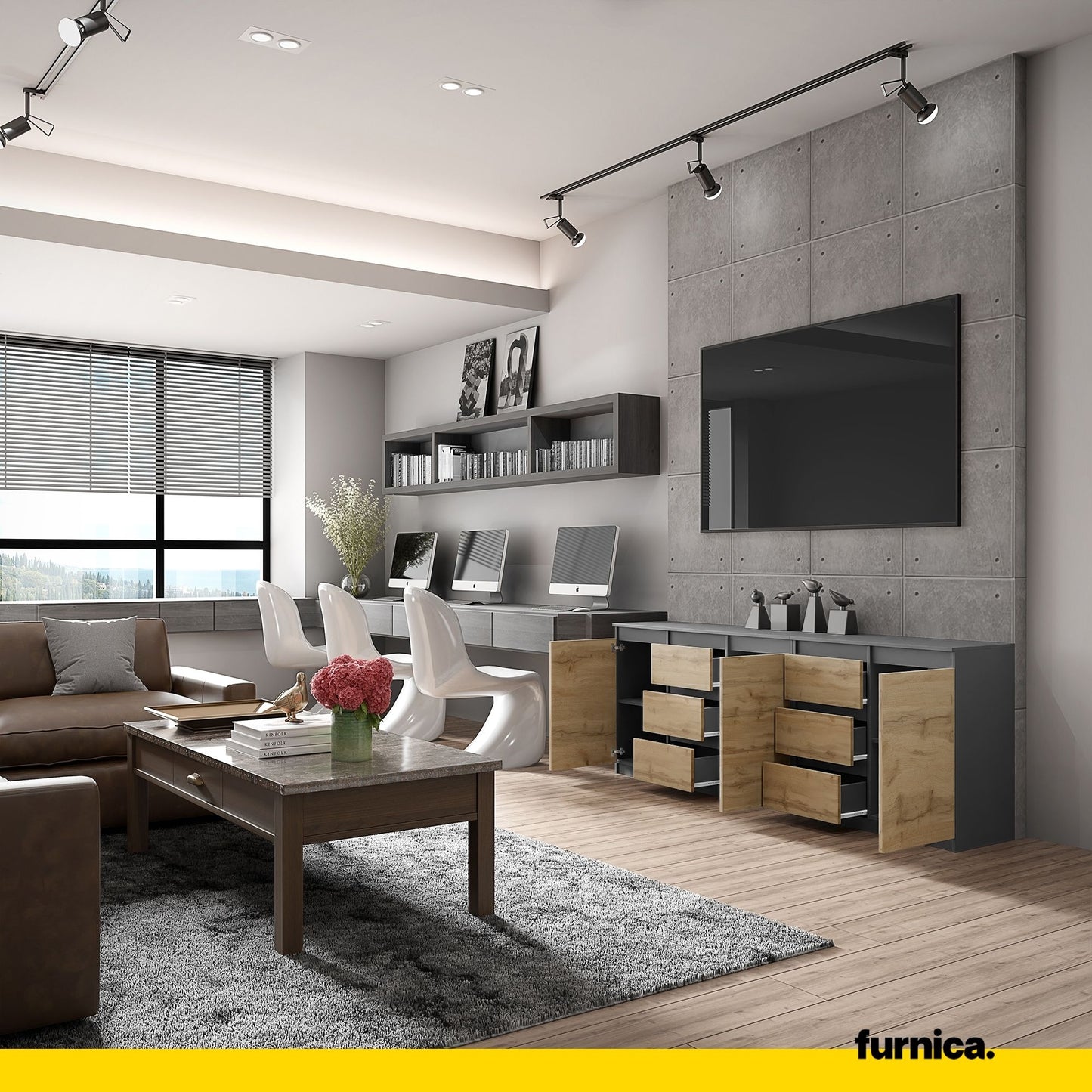 MIKEL - Kommode mit 6 Schubladen und 3 Türen - Schlafzimmer Kommode Aufbewahrungsschrank Sideboard - Anthrazit / Wotan Eiche H75cm B200cm T35cm