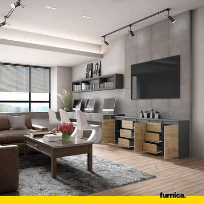 MIKEL - Kommode mit 6 Schubladen und 3 Türen - Schlafzimmer Kommode Aufbewahrungsschrank Sideboard - Anthrazit / Wotan Eiche H75cm B200cm T35cm