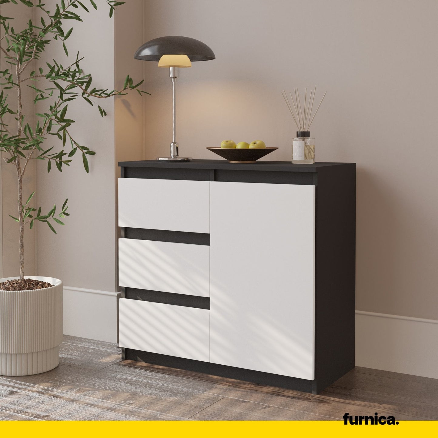 MIKEL - Kommode / Sideboard mit 3 Schubladen und 1 Tür - Anthrazit Grau / Weiß Matt H75cm B80cm T35cm