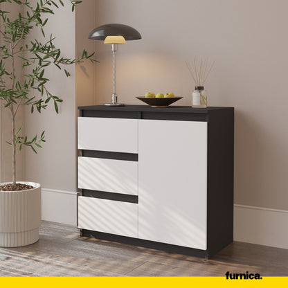 MIKEL - Kommode / Sideboard mit 3 Schubladen und 1 Tür - Anthrazit Grau / Weiß Matt H75cm B80cm T35cm