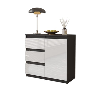 MIKEL - Kommode / Sideboard mit 3 Schubladen und 1 Tür - Anthrazit Grau / Weiß Gloss H75cm B80cm T35cm