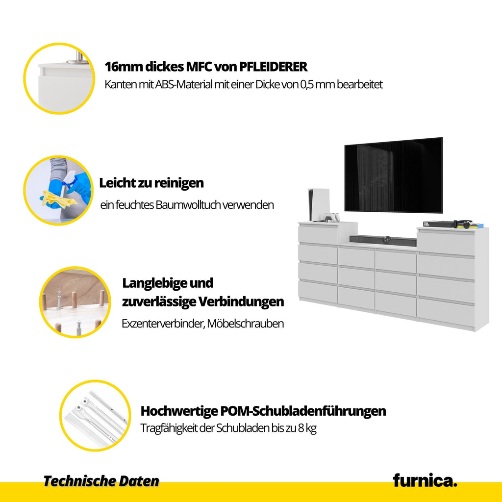 GABRIEL - Kommode / Sideboard mit 14 Schubladen (4+6+4) - Beton-Optik / Weiß Gloss H92/70cm B220cm T33cm