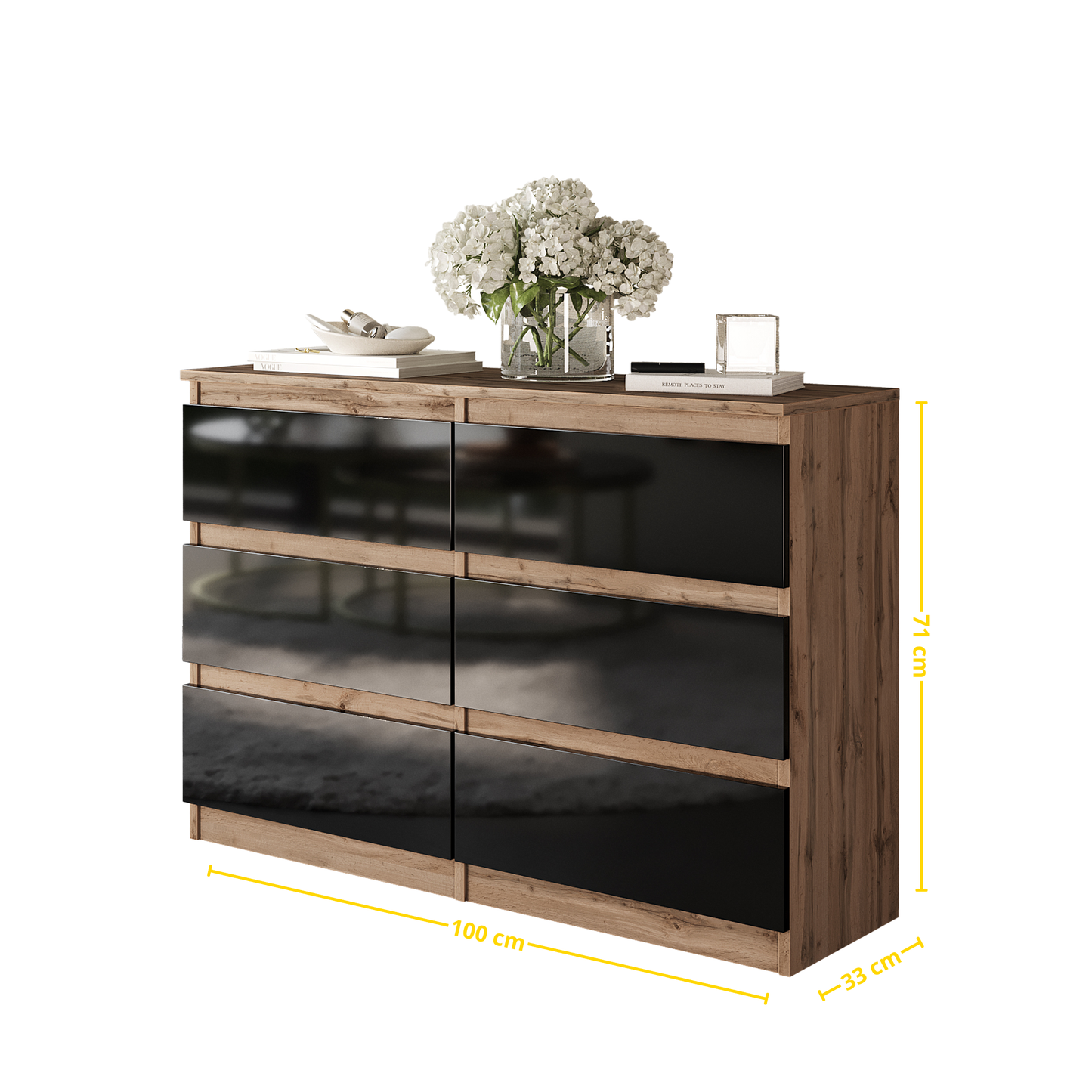 GABRIEL - Kommode / Sideboard mit 6 Schubladen - Wotan Eiche / Schwarz Gloss H71cm B100cm TD33cm