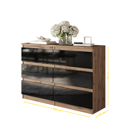 GABRIEL - Kommode / Sideboard mit 6 Schubladen - Wotan Eiche / Schwarz Gloss H71cm B100cm TD33cm