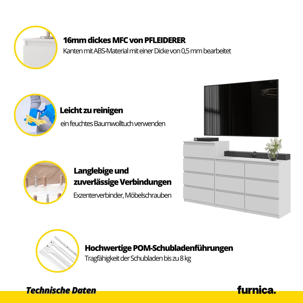 GABRIEL - Kommode / Sideboard mit 10 Schubladen (6+4) - Weiß Matt H92/70cm B160cm T33cm