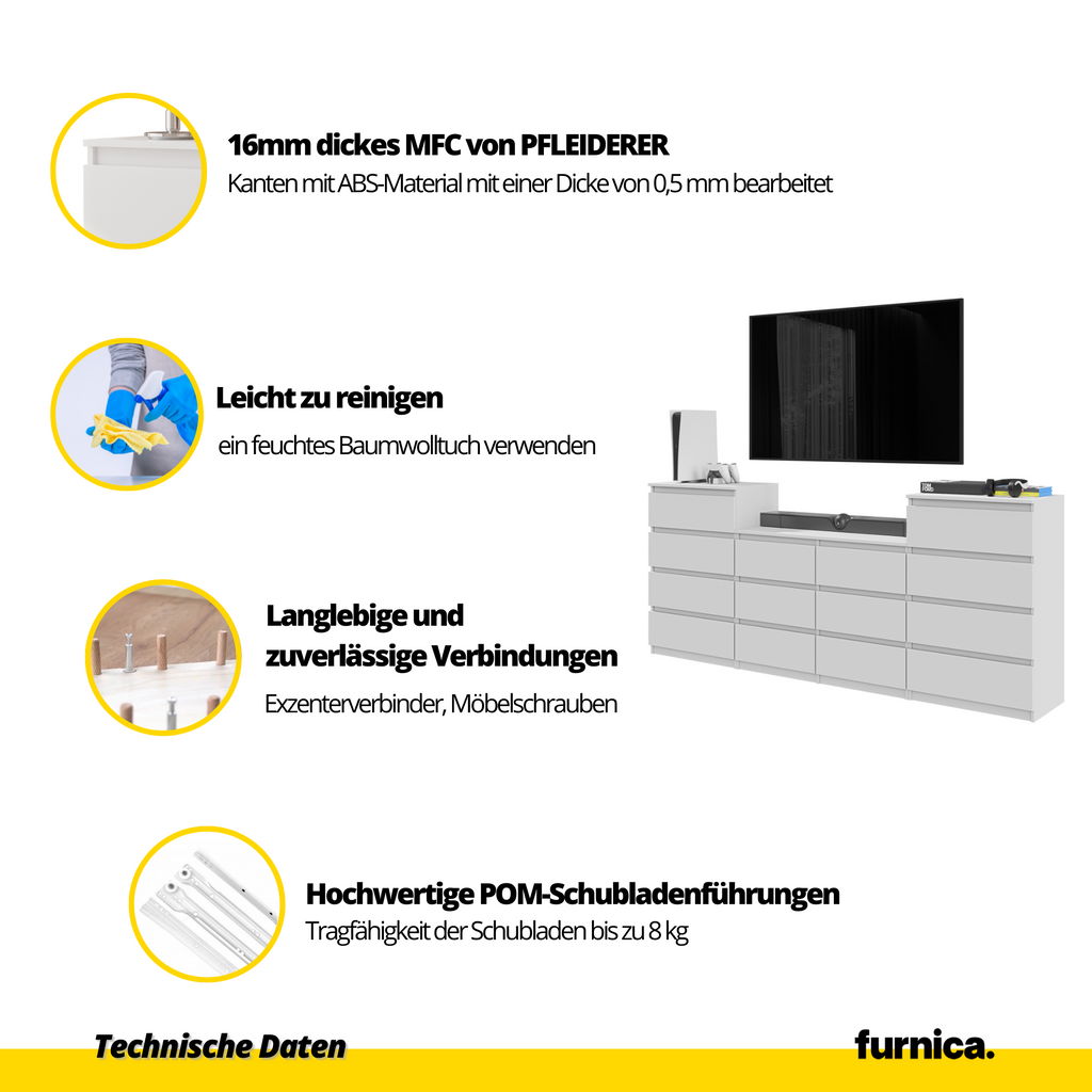 GABRIEL - Kommode / Sideboard mit 14 Schubladen (4+6+4) - Sonoma Eiche / Schwarz Gloss H92/70cm B220cm T33cm