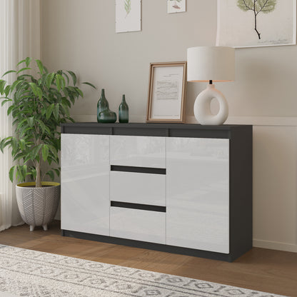 MIKEL - Kommode / Sideboard mit 3 Schubladen und 2 Türen - Anthrazit Grau / Weiß Gloss H75cm B120cm T35cm