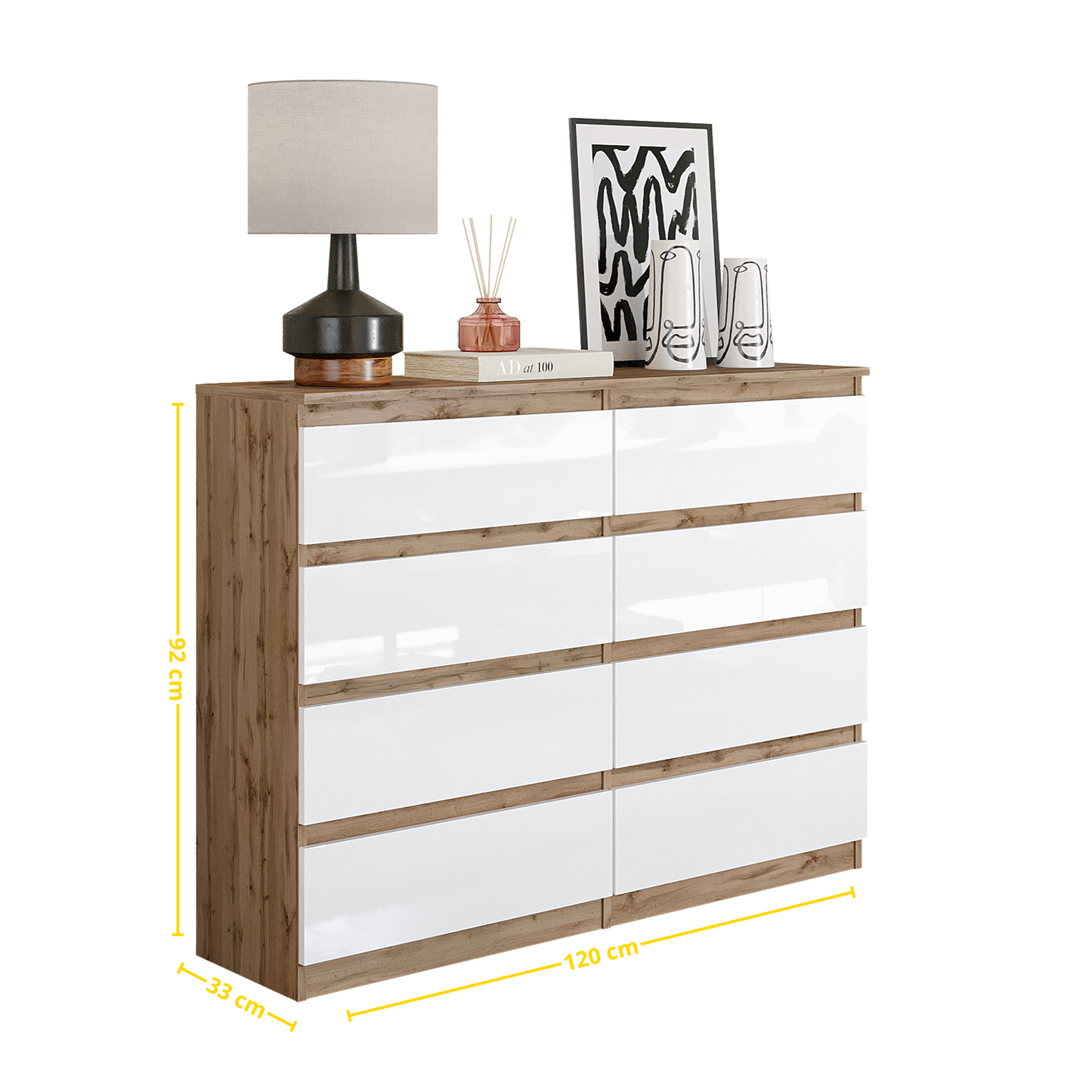 GABRIEL - Kommode / Sideboard mit 8 Schubladen - Wotan Eiche / Weiß Gloss H92cm B120cm T33cm