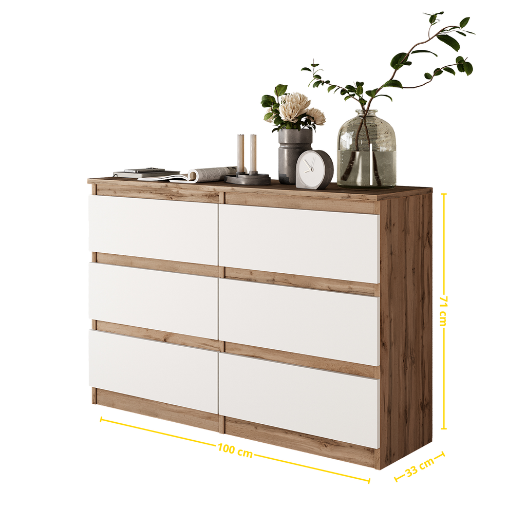 GABRIEL - Kommode / Sideboard mit 6 Schubladen - Wotan Eiche / Weiß Matt H71cm B100cm TD33cm