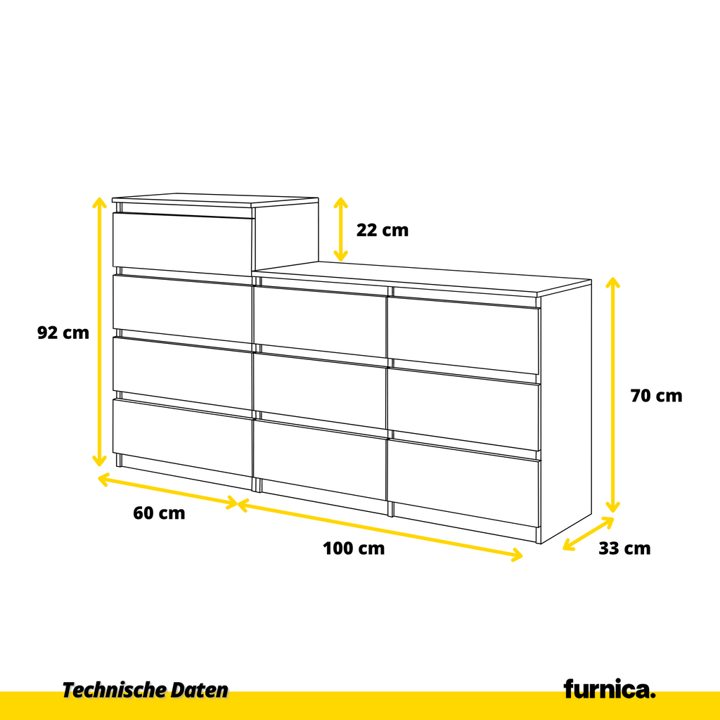 GABRIEL - Kommode / Sideboard mit 10 Schubladen (6+4) - Weiß Matt / Sonoma Eiche H92/70cm B160cm T33cm
