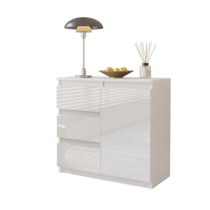 MIKEL - Kommode / Sideboard mit 3 Schubladen und 1 Tür - Weiß Matt / Weiß Gloss H75cm B80cm T35cm