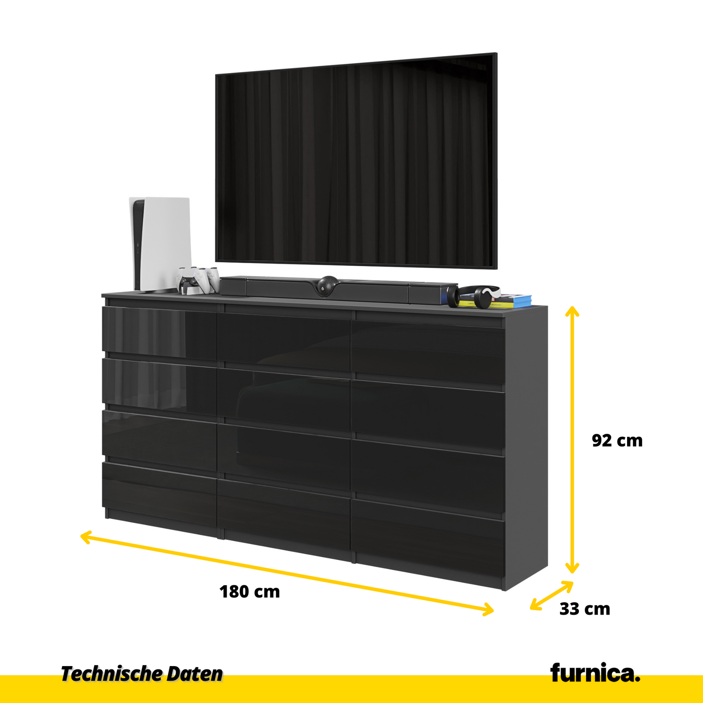 GABRIEL - Kommode / Sideboard mit 12 Schubladen (8+4) - Anthrazit / Schwarz Gloss H92cm B180cm T33cm