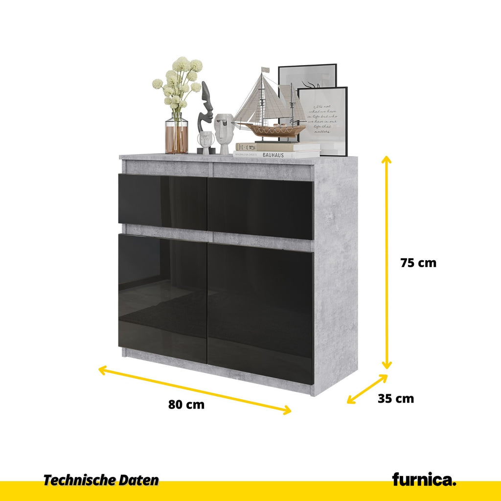 NOAH - Kommode / Sideboard mit 2 Schubladen und 2 Türen - Beton-Optik  / Schwarz Gloss H75cm B80cm T35cm