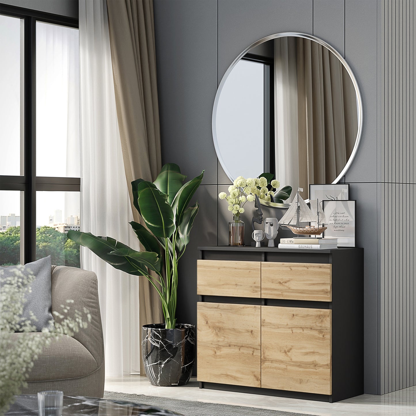 NOAH - Kommode / Sideboard mit 2 Schubladen und 2 Türen - Anthrazit Grau / Wotan Eiche H75cm B80cm T35cm