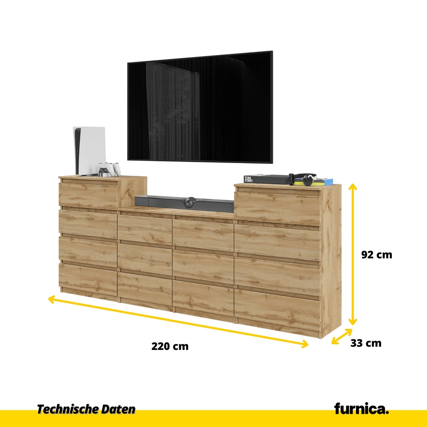 GABRIEL - Kommode / Sideboard mit 14 Schubladen (4+6+4) - Wotan Eiche H92/70cm B220cm T33cm