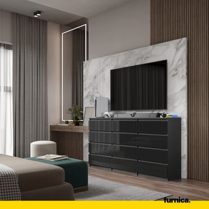 GABRIEL - Kommode / Sideboard mit 12 Schubladen (8+4) - Anthrazit / Schwarz Gloss H92cm B180cm T33cm