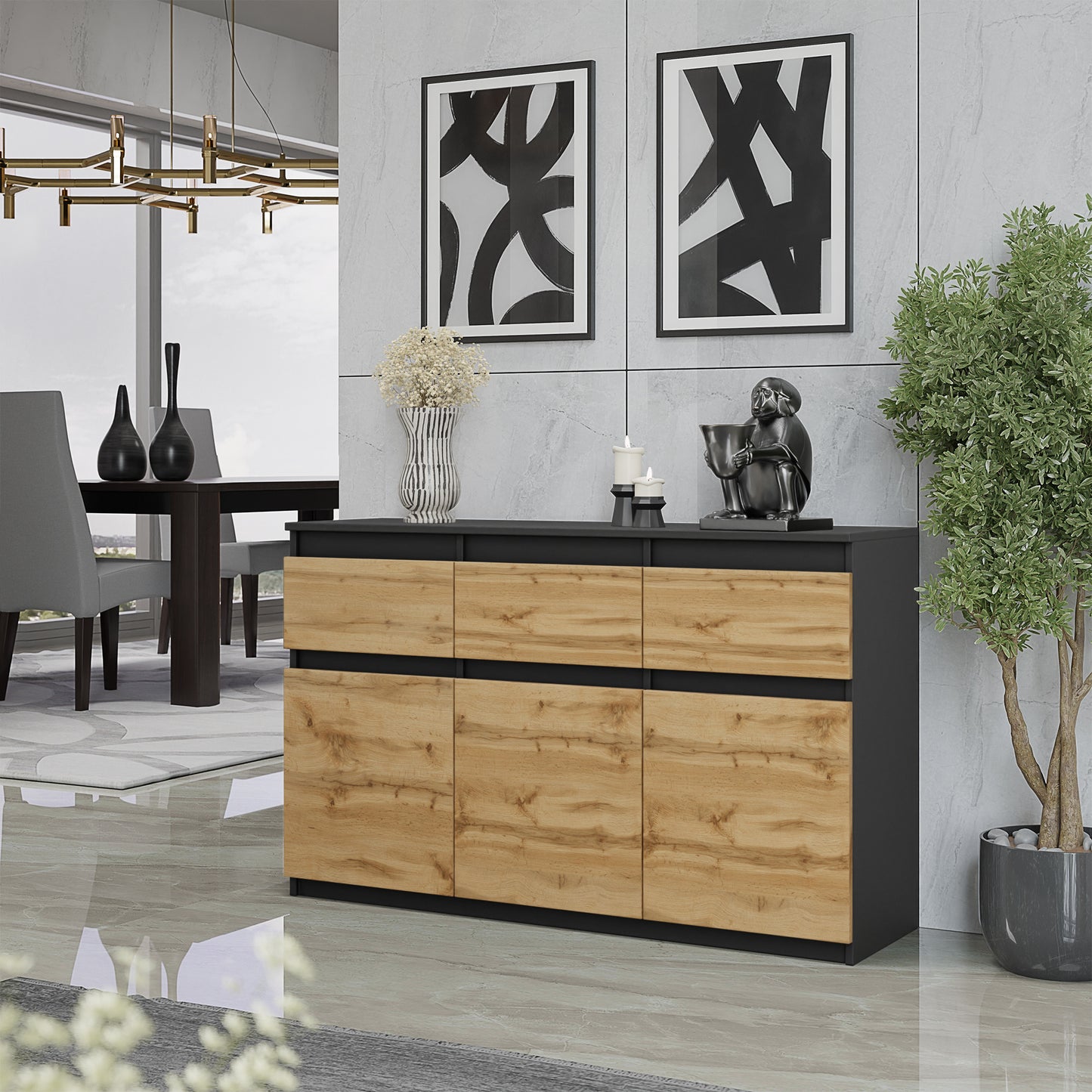NOAH - Kommode / Sideboard mit 3 Schubladen und 3 Türen - Anthrazit Grau / Wotan Eiche H75cm B120cm T35cm