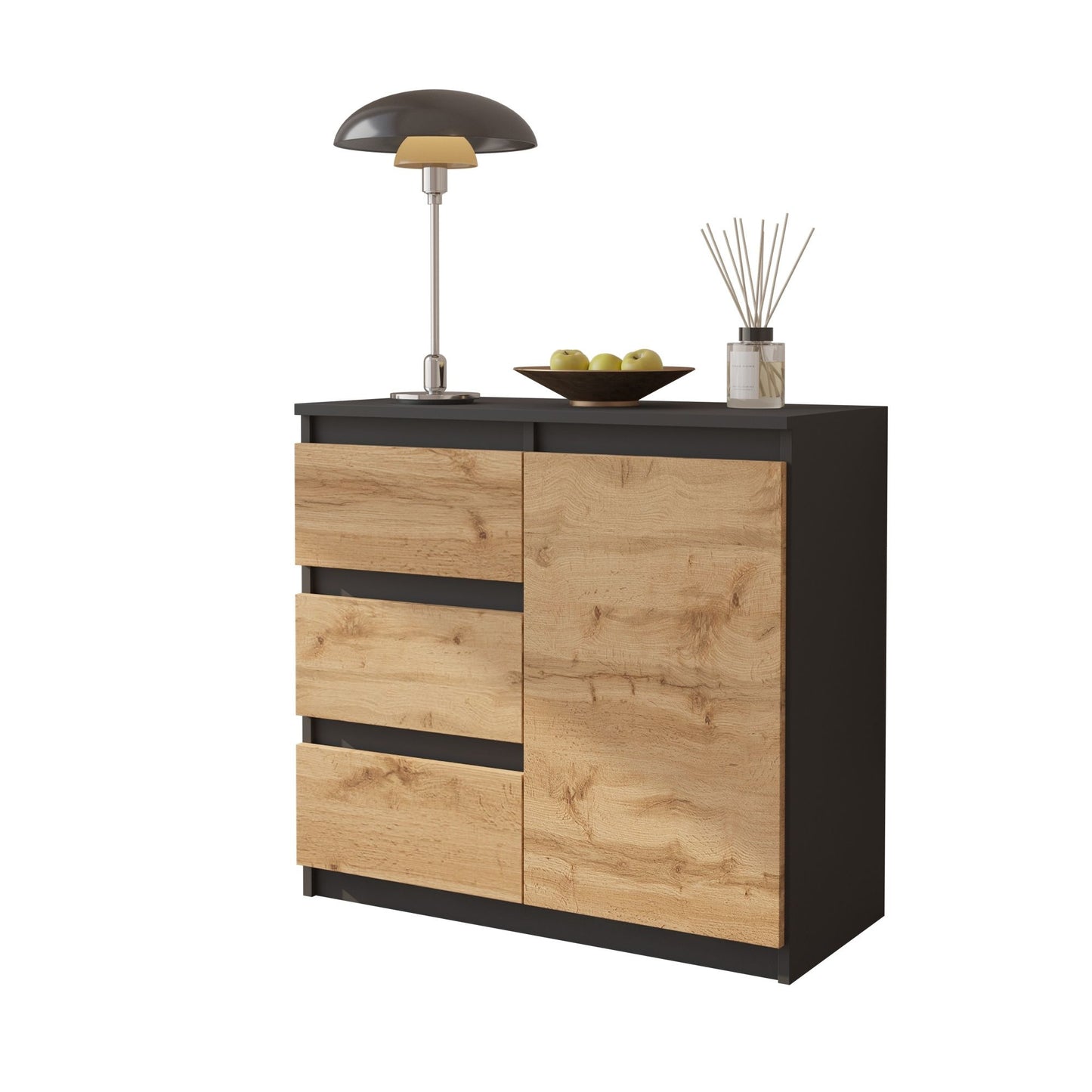 MIKEL - Kommode / Sideboard mit 3 Schubladen und 1 Tür - Anthrazit Grau / Wotan Eiche H75cm B80cm T35cm