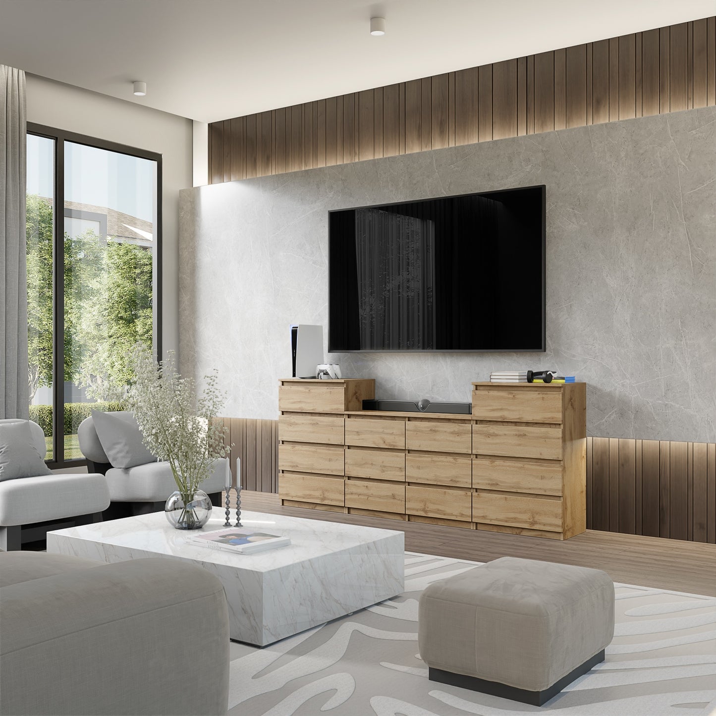 GABRIEL - Kommode / Sideboard mit 14 Schubladen (4+6+4) - Wotan Eiche H92/70cm B220cm T33cm