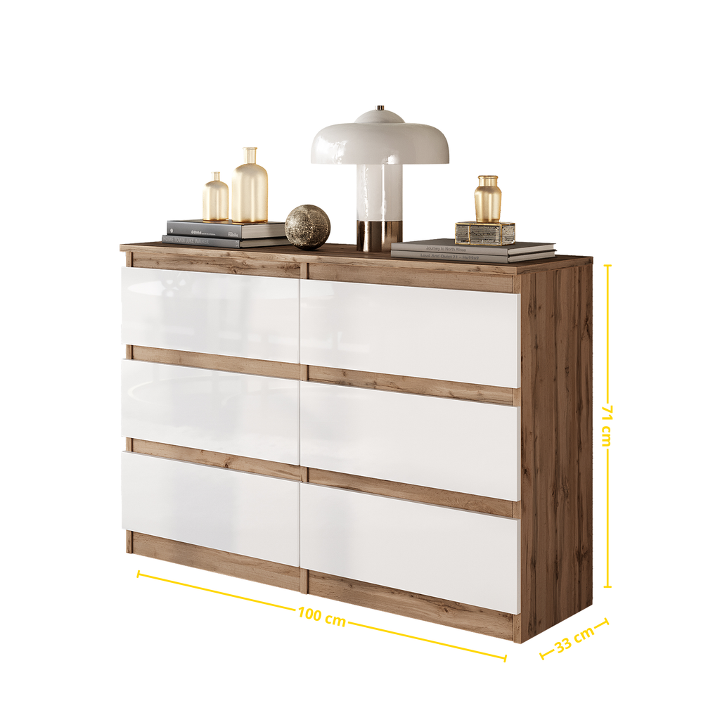 GABRIEL - Kommode / Sideboard mit 6 Schubladen - Wotan Eiche / Weiß Gloss H71cm B100cm TD33cm
