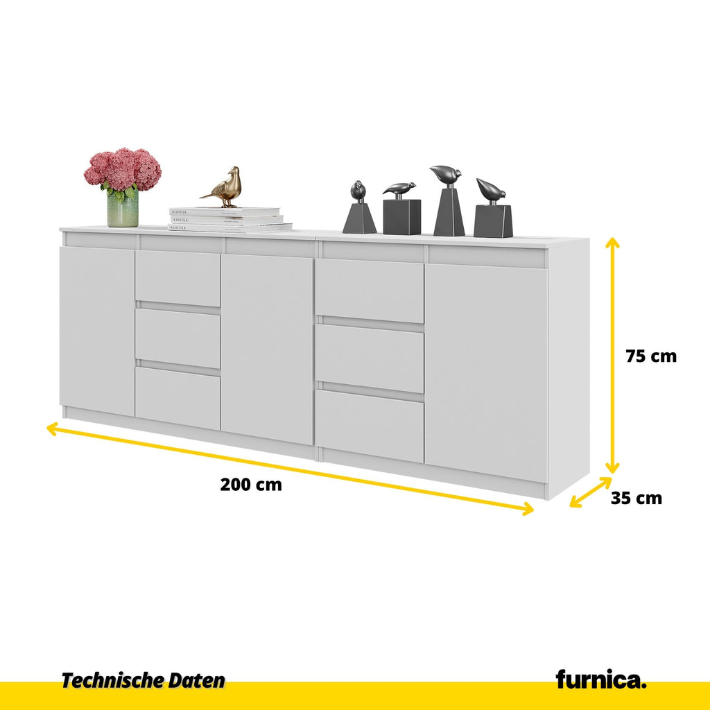 MIKEL - Kommode mit 6 Schubladen und 3 Türen - Schlafzimmer Kommode Aufbewahrung Schrank Sideboard - Weiß Matt / Weiß Matt H75cm B200cm T35cm