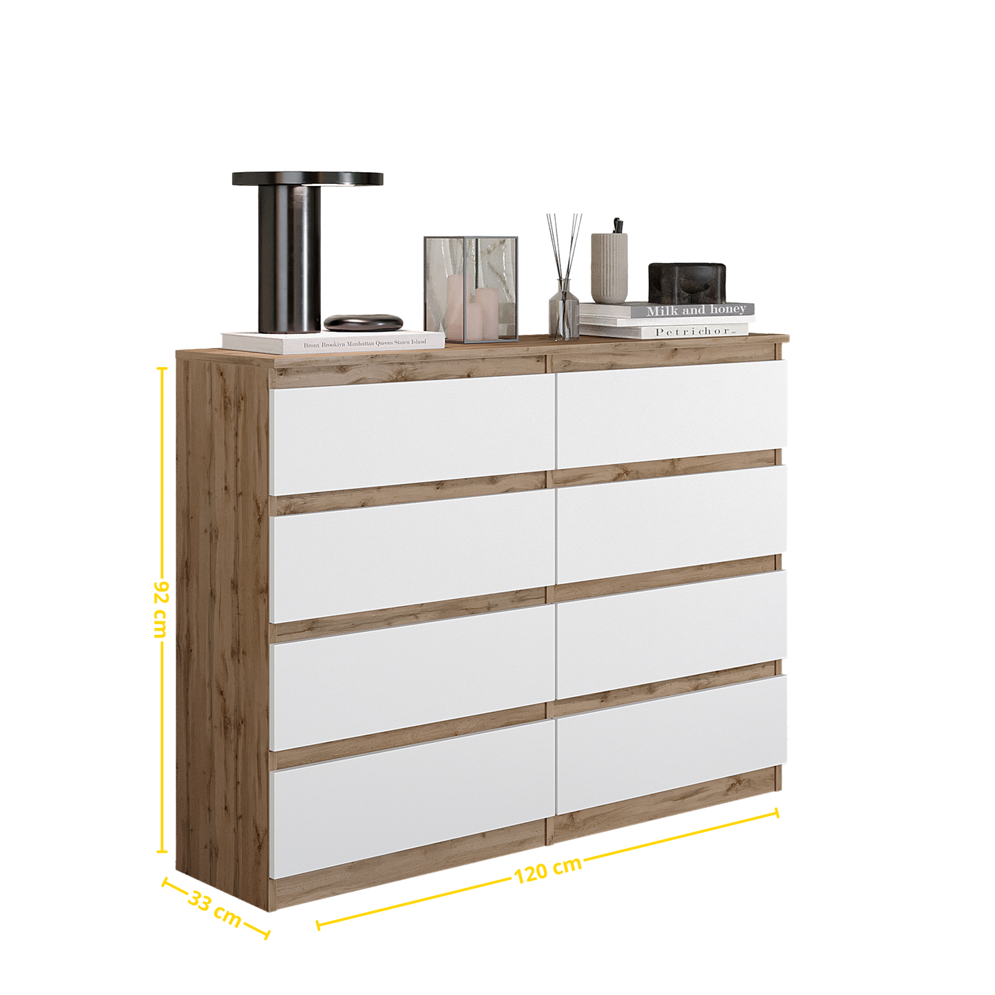 GABRIEL - Kommode / Sideboard mit 8 Schubladen - Wotan Eiche / Weiß Matt H92cm B120cm T33cm