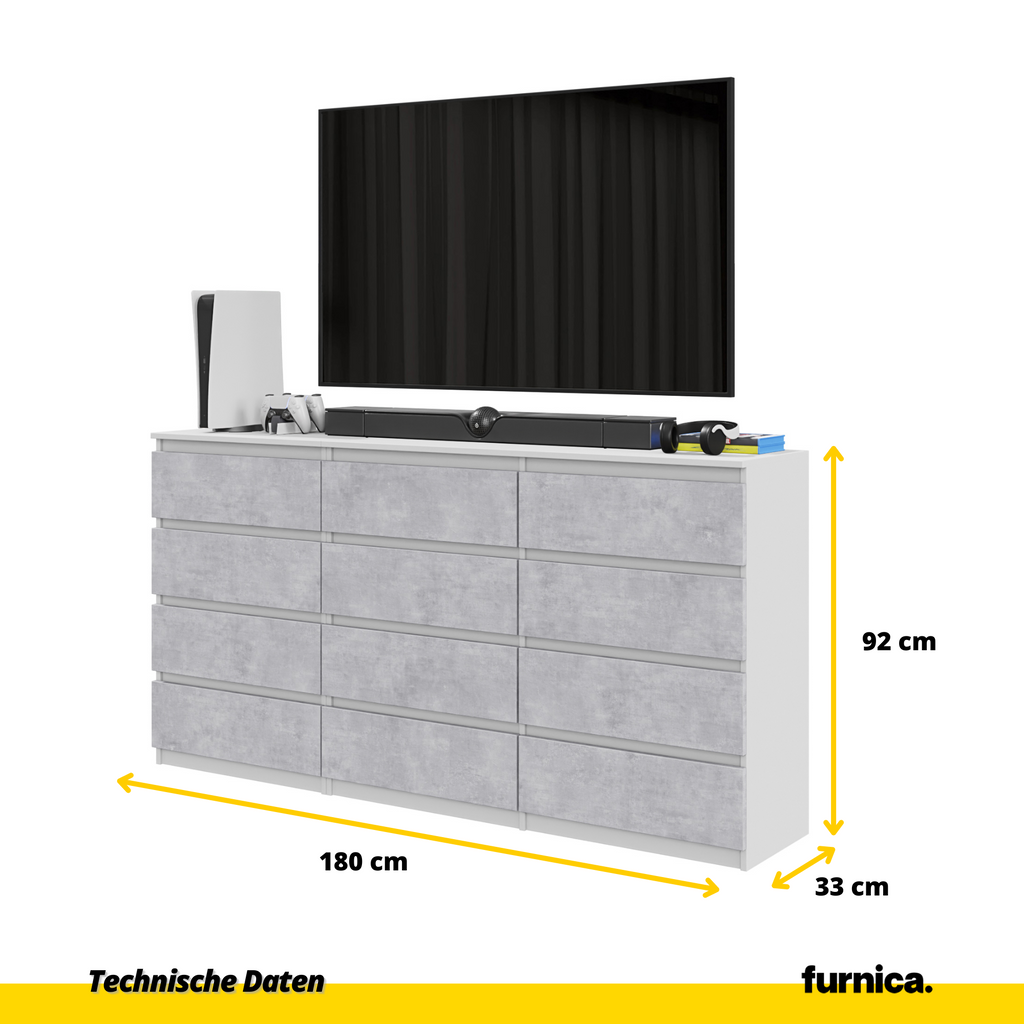GABRIEL - Kommode / Sideboard mit 12 Schubladen (8+4) - Weiß Matt/ Beton-Optik H92cm B180cm T33cm