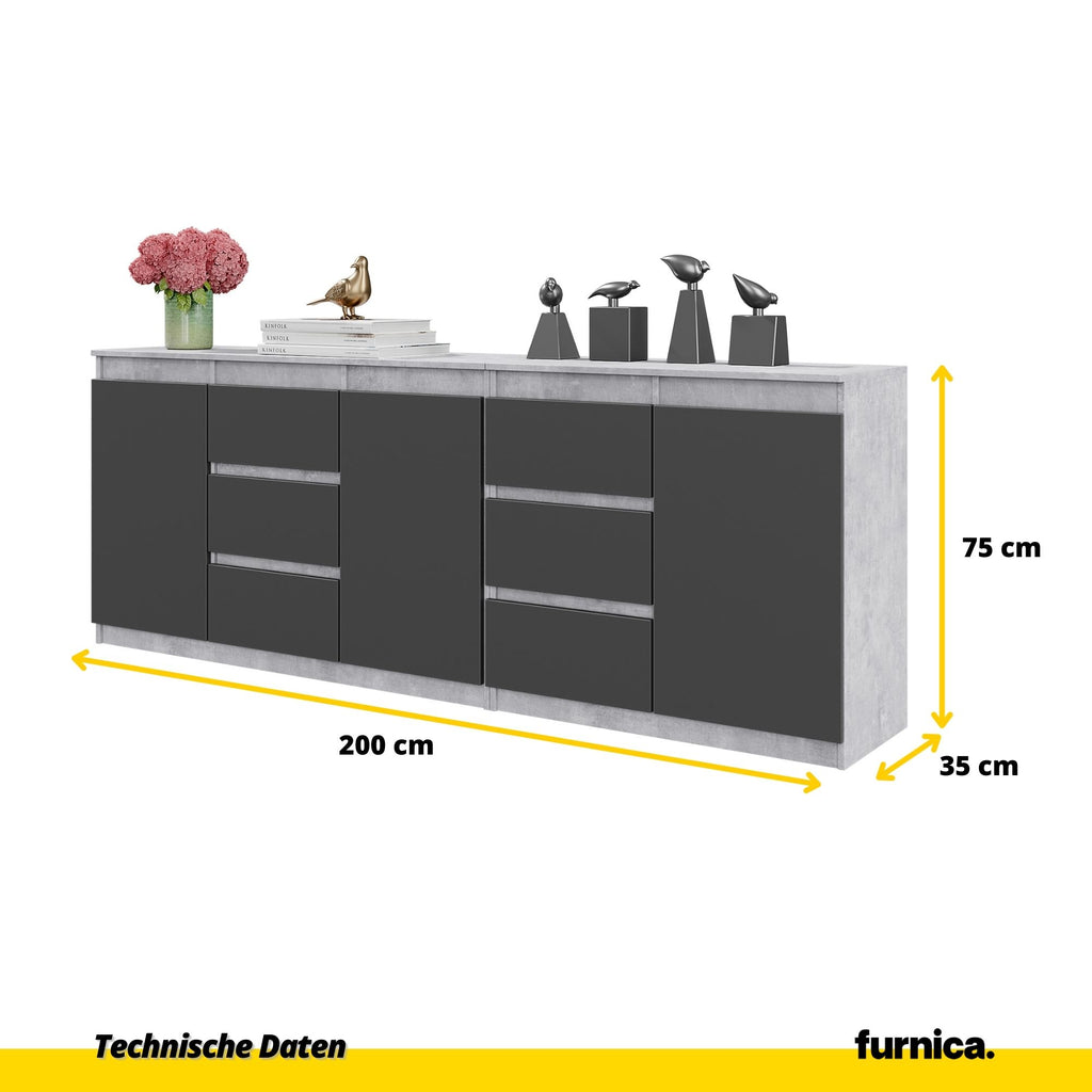 MIKEL - Kommode mit 6 Schubladen und 3 Türen - Schlafzimmer Kommode Aufbewahrung Schrank Sideboard - Beton-Optik / Anthrazit H75cm B200cm T35cm