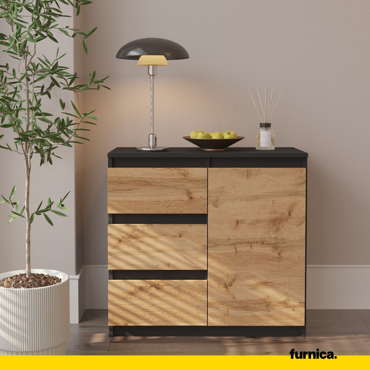 Kommode 80 cm MIKEL, 3 Schubladen 1 Tür, Anthrazit/Wotan – Furnica