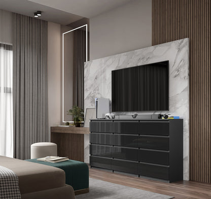GABRIEL - Kommode / Sideboard mit 12 Schubladen (8+4) - Anthrazit / Schwarz Gloss H92cm B180cm T33cm