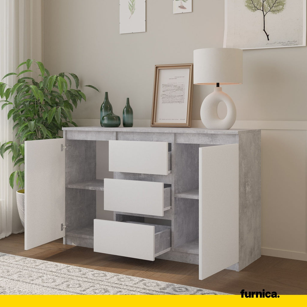 MIKEL - Kommode / Sideboard mit 3 Schubladen und 2 Türen - Beton-Optik / Weiß Matt H75cm B120cm T35cm