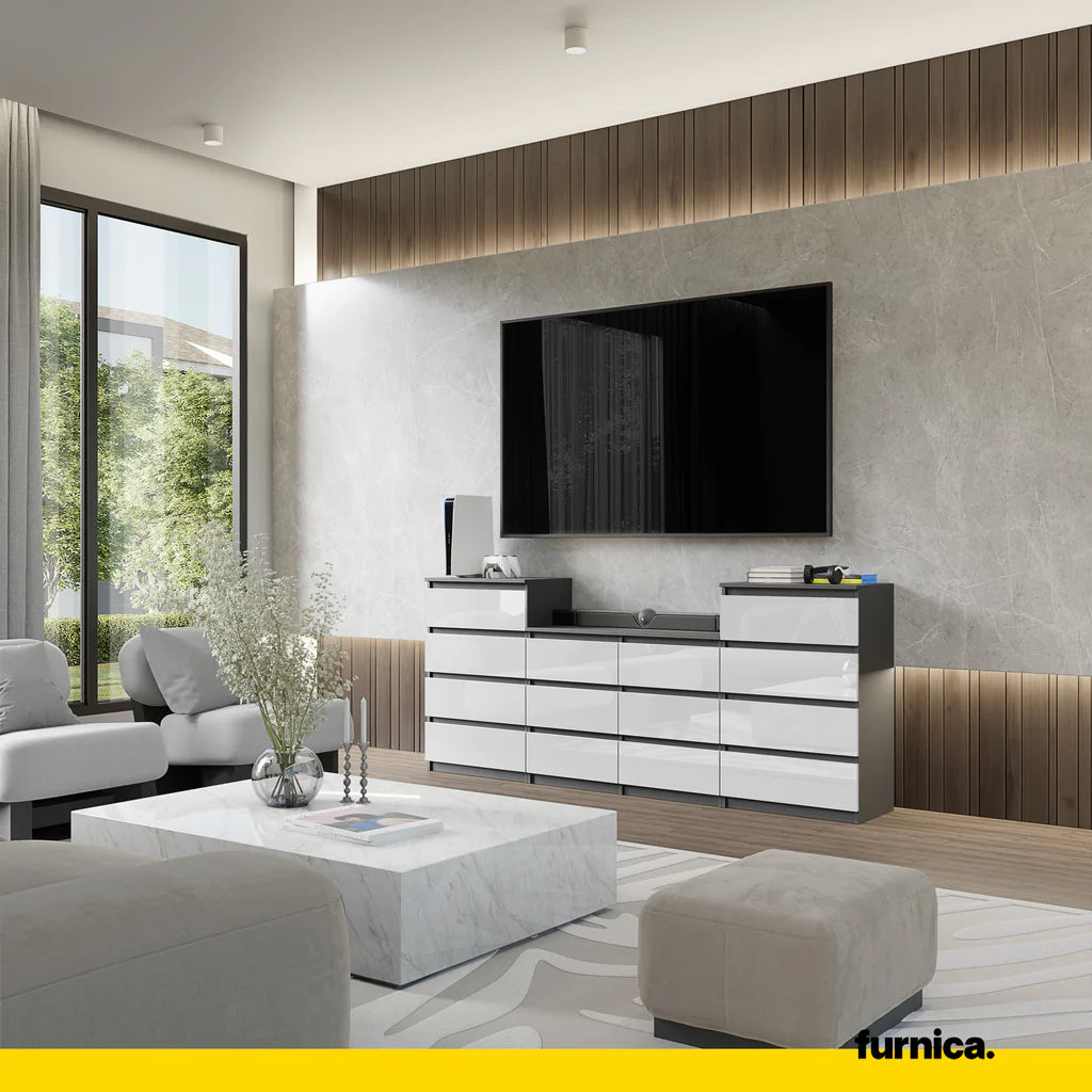 GABRIEL - Kommode / Sideboard mit 14 Schubladen (4+6+4) - Anthrazit / Weiß Gloss H92/70cm B220cm T33cm