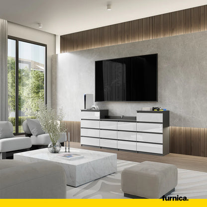 GABRIEL - Kommode / Sideboard mit 14 Schubladen (4+6+4) - Anthrazit / Weiß Gloss H92/70cm B220cm T33cm
