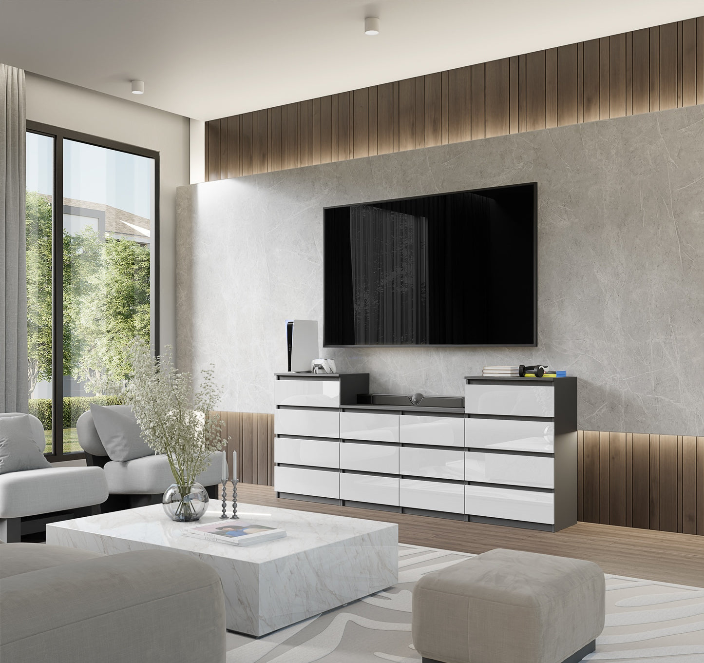 GABRIEL - Kommode / Sideboard mit 14 Schubladen (4+6+4) - Anthrazit / Weiß Gloss H92/70cm B220cm T33cm