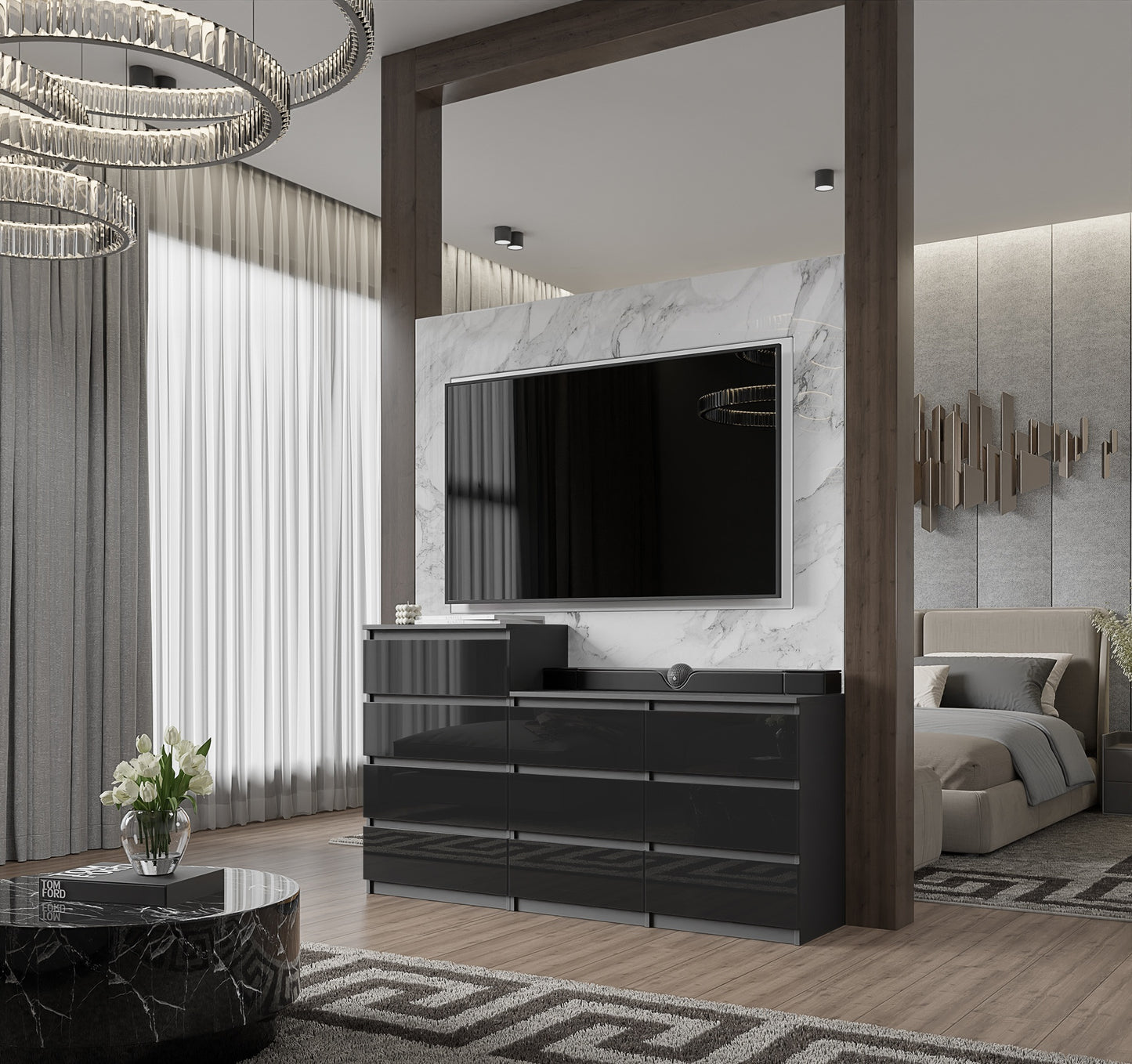 GABRIEL - Kommode / Sideboard mit 10 Schubladen (6+4) - Anthrazit / Schwarz Gloss H92/70cm B160cm T33cm